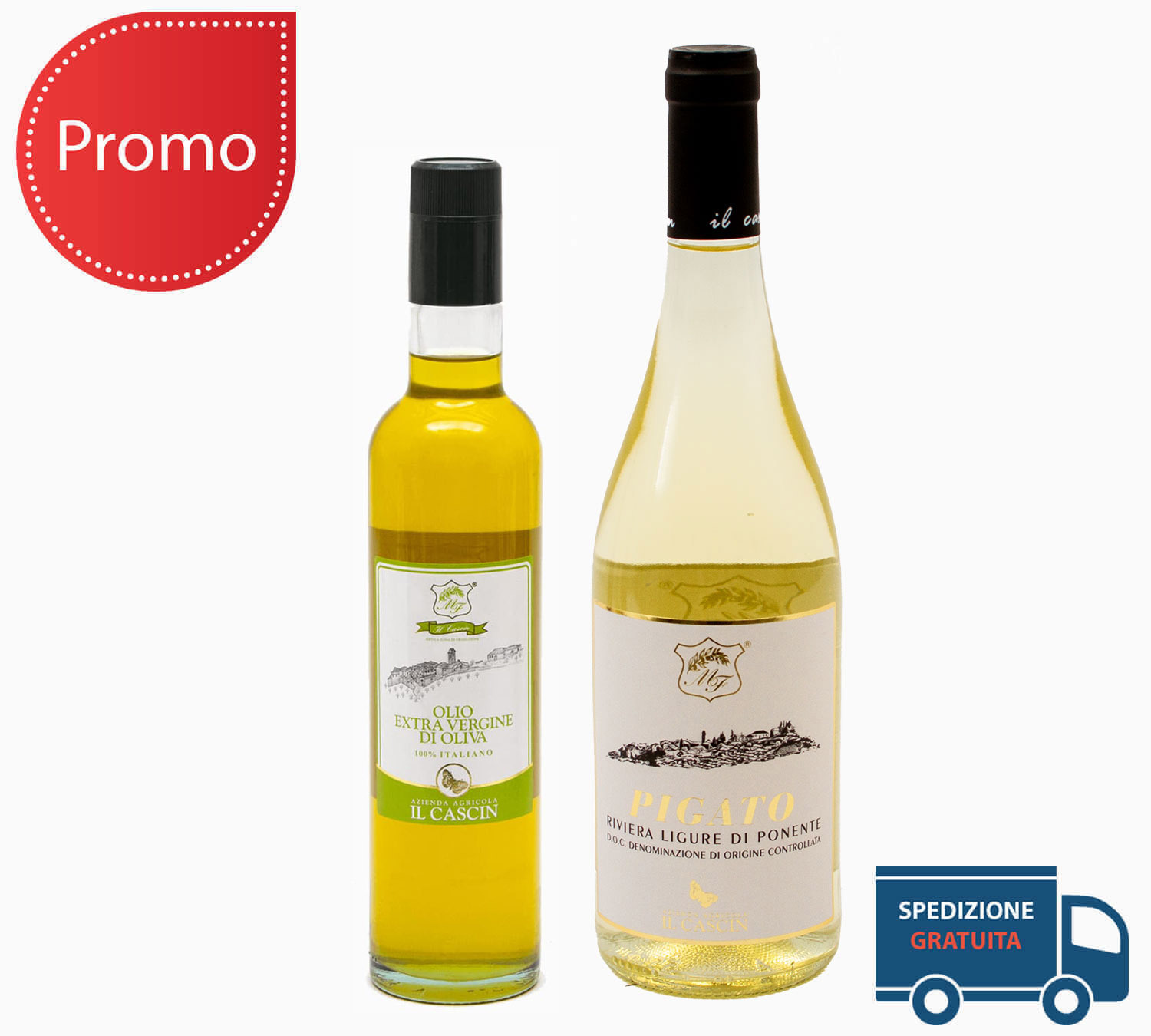 Offerta 3 bottiglie olio EVO da 0,50L + 3 bottiglie vino Pigato da 0,75L